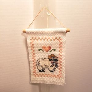 Cross-stitch Mini Banner with a Heart and a Ewe Sheep in a Bonnet